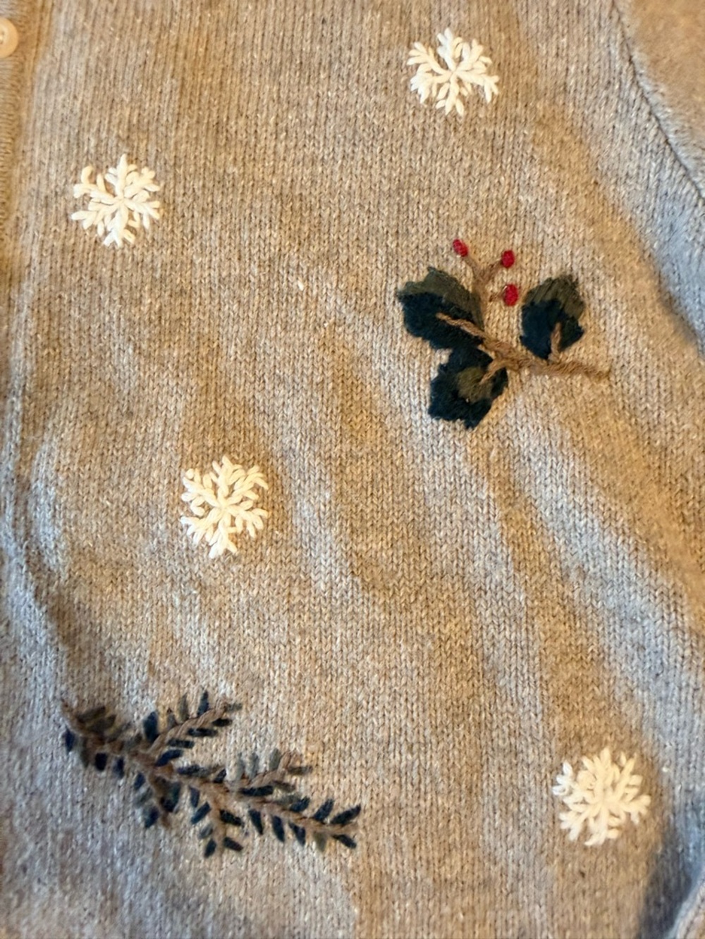 Vintage Cardigan Hand embroidered Christmas sweater berry holly snowflakes SzL - Picture 2 of 4